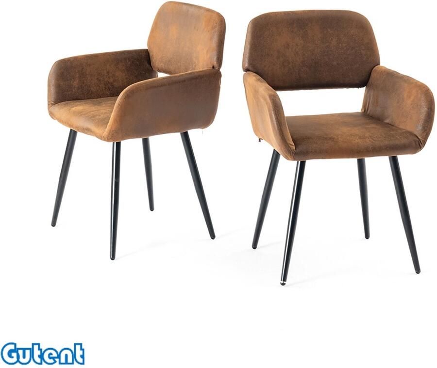 Gutent Eetkamerstoelen Set van 2 Industriële stijl Bruine stof Vintage zwarte poten