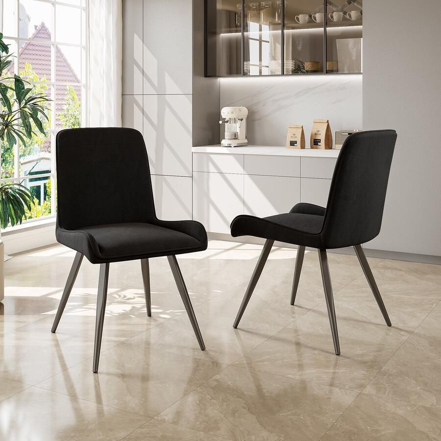 Sweiko Eetkamerstoelen met Rugleuningen (2-sets) Eettafel en Stoel Technologie Stof Ergonomische stoelen Metalen stoelpoten keukenstoelen eetkamerstoelen woonkamer stoelen Zwart (Geen tafel)