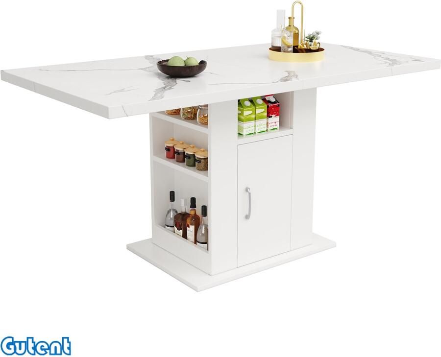Gutent Eettafel (140 x 75 x 75 cm)-Met opbergruimte-Drievoudig opbergen-Marmeren buitenkant-Wit