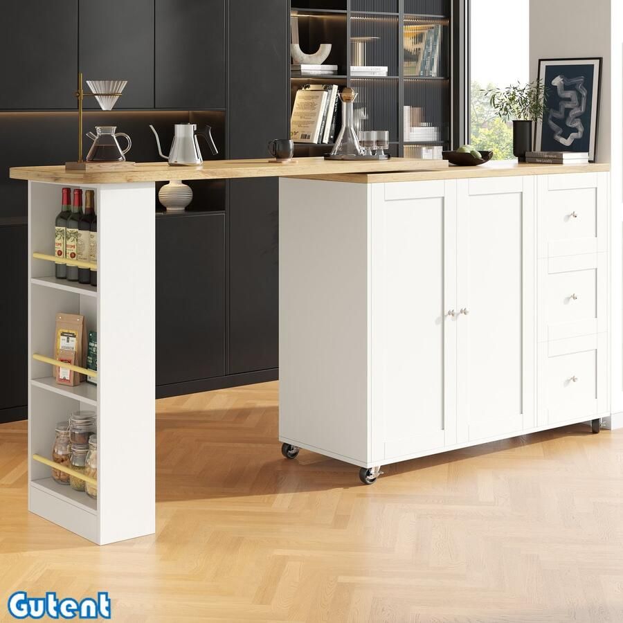Gutent Eettafel 360° draaibare hoge tafel op wielen met drie laden Met Snackhouder Wit