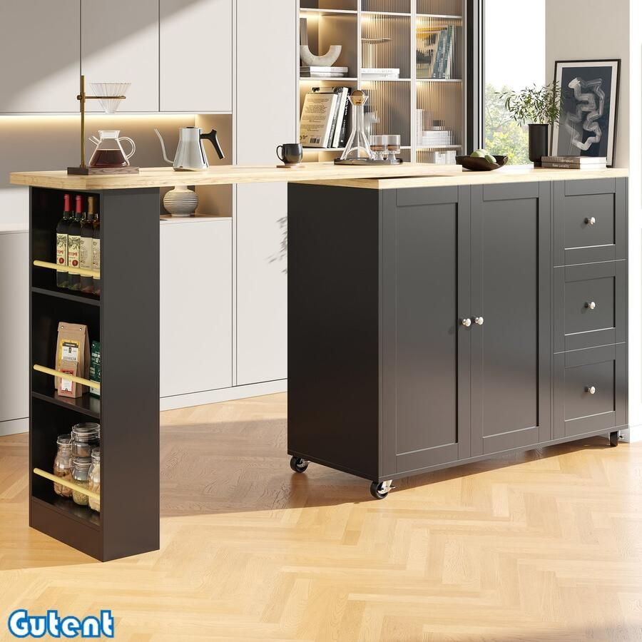 Gutent Eettafel 360° draaibare hoge tafel op wielen met drie laden Met Snackhouder Zwart