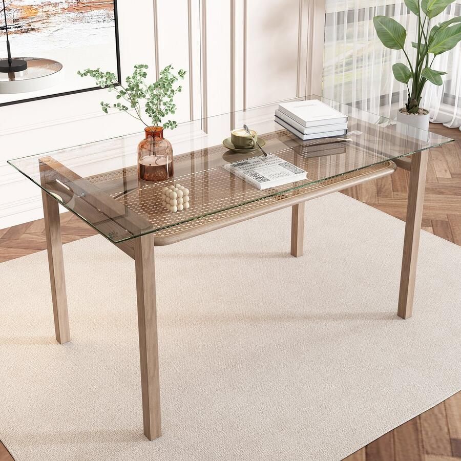 Merlooks Eettafel met opbergruimte 110*65*74 Tafelblad van gehard glas Rotan Design Moderne eettafel Rechthoekige eettafel Koffie Vrijetijdstafel Moderne eenvoudige eettafel Beige