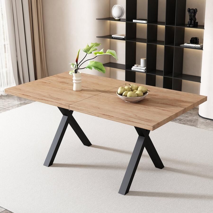 Gutent Eettafel Eik + Zwart Kruispoot Ontwerp Rechthoekige Eettafel Ijzeren eettafel L140*B80*H76cm