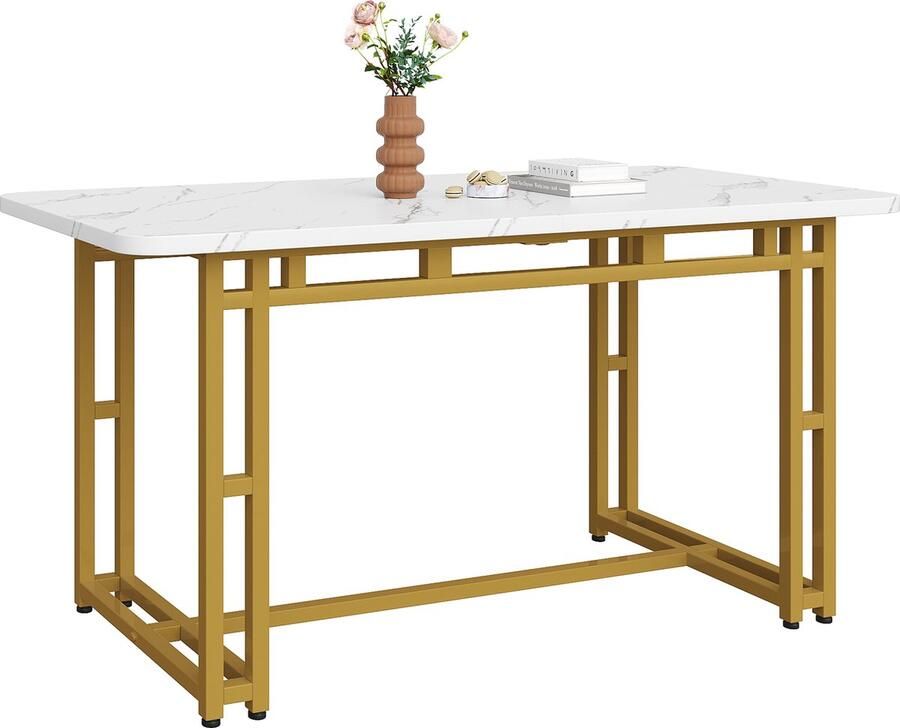 Gutent Eettafel Goud Wit 117x68cm (1-st) MDF Metalen frame Modern gemarmerde rechthoekige eettafel met metalen poten voor eetkamer Woonkamer