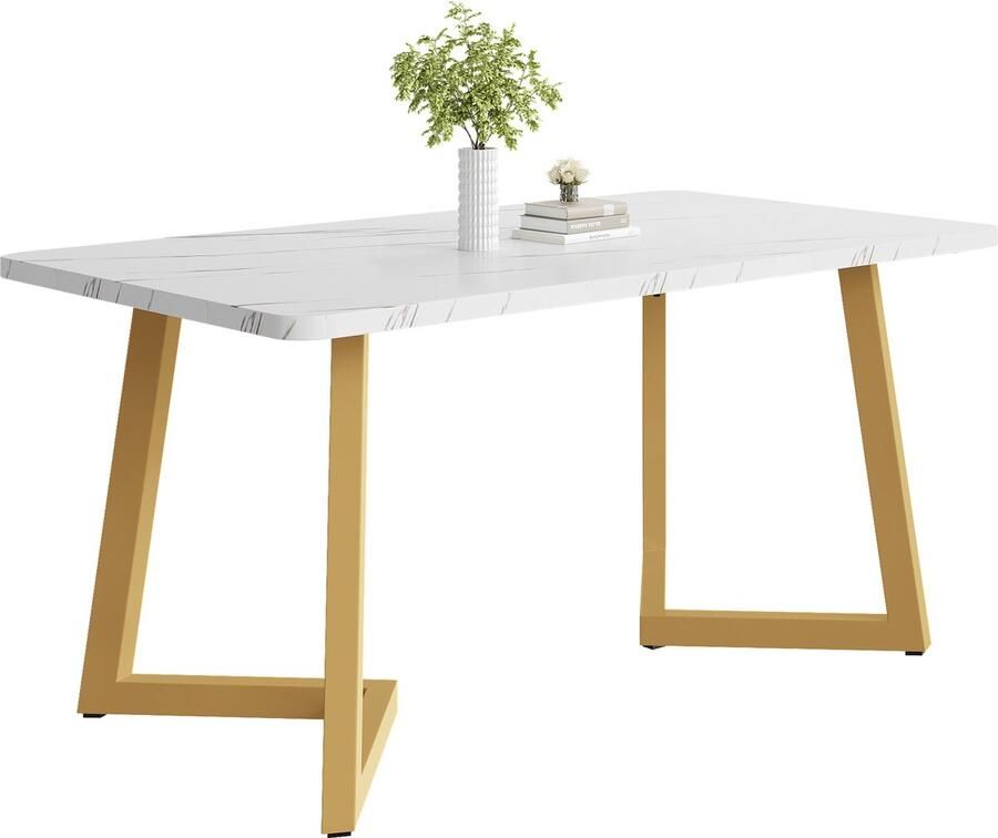 Gutent Eettafel Goud Wit 117x68cm (1-st) MDF Metalen frame Modern gemarmerde rechthoekige eettafel met metalen poten voor eetkamer Woonkamer wit