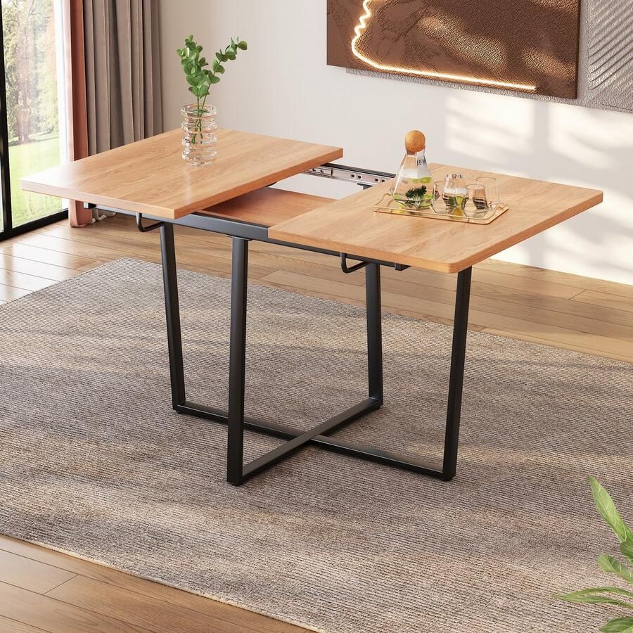 Gutent Eettafel Houten Bureaublad en Zwarte Metalen poten Uitschuifbare tafel 110 140*80 cm Elegant modern Eenvoudige uitschuifbare tafel voor 4-6 personen