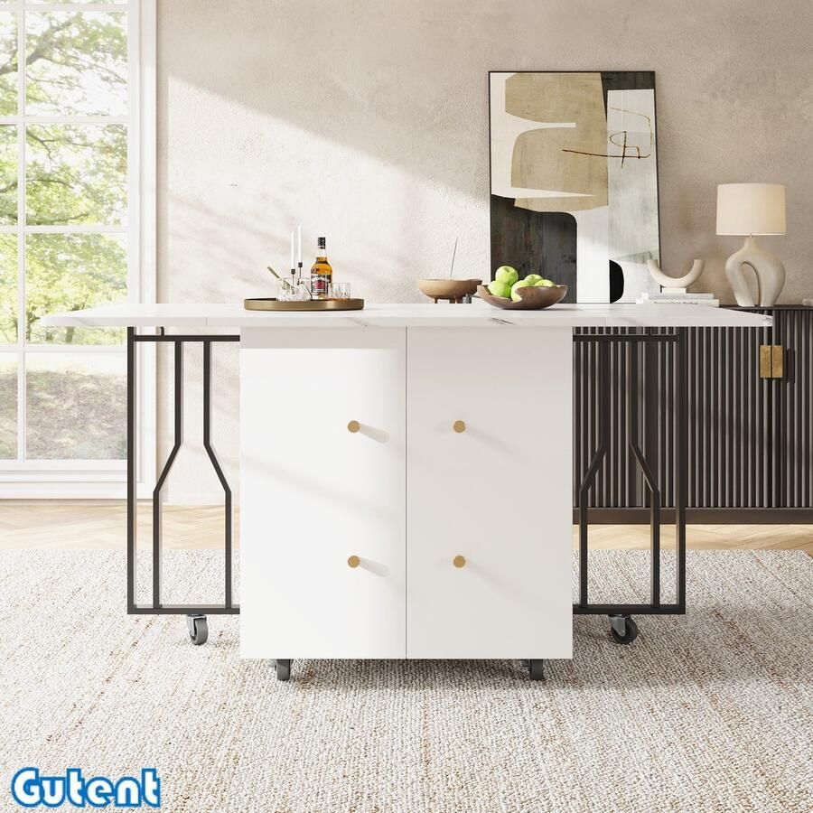 Gutent Eettafel Opklapbaar tafelblad MDF-materiaal Marmeren uiterlijk- Verstelbare tussenschotten Groot opbergvak 6 wielen (2 vergrendelbaar) Zwarte poten