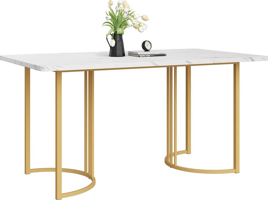 Gutent Eettafel Wit Goud 140 x 80 cm (1-st) MDF-Materiaal Moderne keukentafel Rechthoekige eettafel met metalen frame modern marmerpatroon met verstelbare poten voor eetkamer en woonkamer
