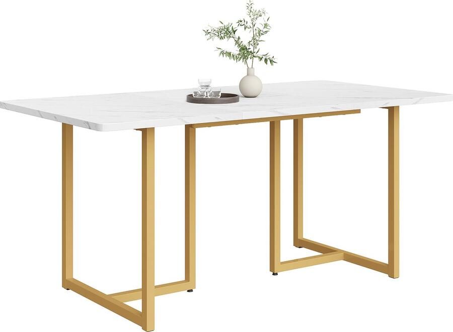 Gutent Eettafel Wit Goud 140 x 80 x 75cm (1-St) MDF Materiaal Moderne keukentafel metalen frame L-vormige steunpoten Moderne rechthoekige eettafel met marmerpatroon Keukentafel met verstelbare poten