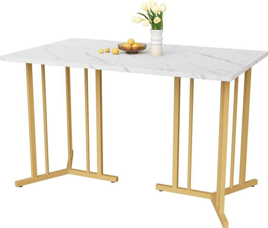 Gutent Eettafel Wit Goud 140 x 80cm (1-St) MDF Materiaal Keukentafel Uniek metalen frame rechthoekige eettafel moderne keukentafel met marmerpatroon en verstelbare poten voor eetkamer woonkamer