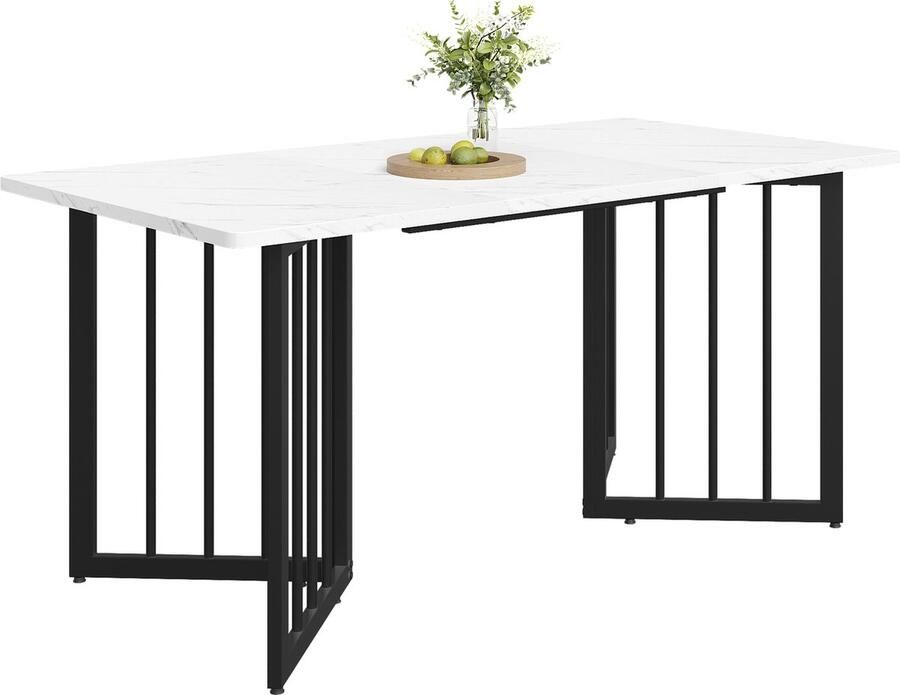 Gutent Eettafel Wit Zwart 140 x 80 x 75 cm (1-st) MDF Materiaal Moderne keuken eettafel metalen frame V-vormige steunpoten Modern gemarmerde rechthoekige eettafel met verstelbare poten Keuken eettafel