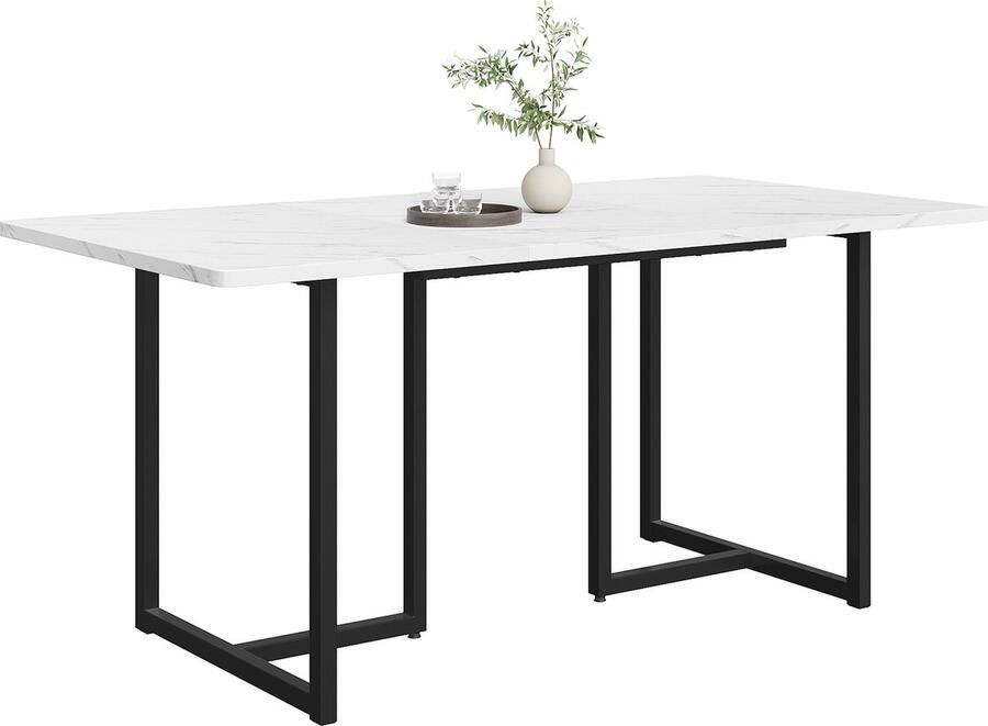 Gutent Eettafel Wit Zwart 140 x 80 x 75 cm (1-st) MDF-Materiaal Moderne keukentafel metalen frame L-vormige steunpoten Modern gemarmerde rechthoekige eettafel met verstelbare poten Keukentafel