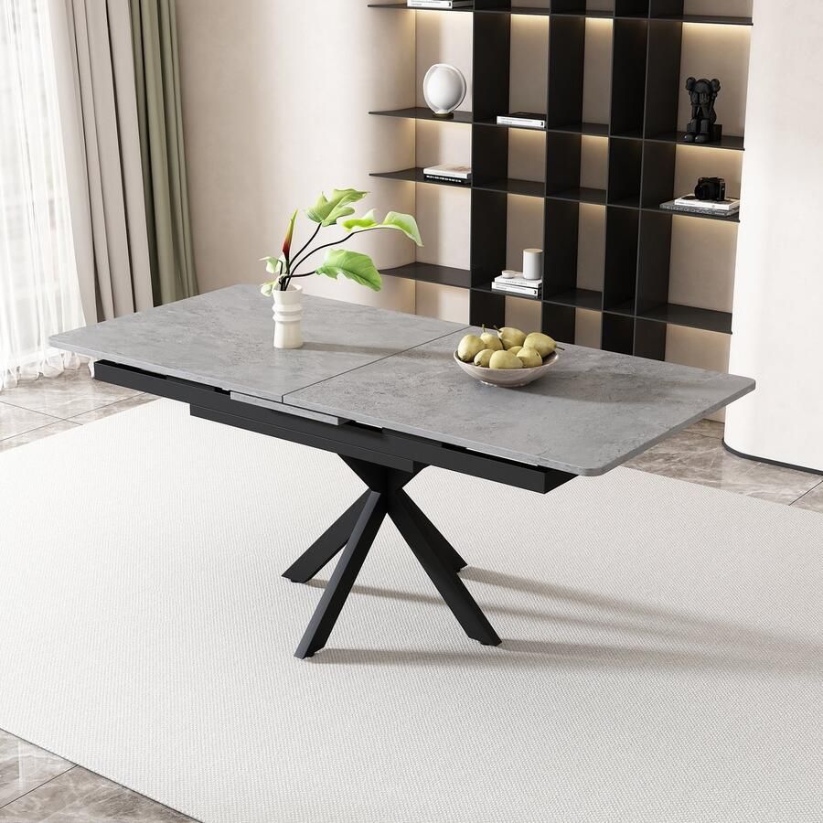 Gutent Eettafel Zwart en Grijs Uitschuifbare Eettafel MDF Rechthoekig Salon loungetafel L 150 180 x B 70 x H 76 cm Kruispoot ontwerp marmeren adering