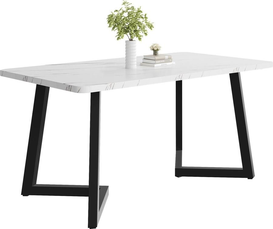 Gutent Eettafel Zwart Wit 117x68cm (1-st) MDF-materiaal Metalen frame Moderne rechthoekige eettafel met marmerdessin en metalen poten voor eetkamer Woonkamer