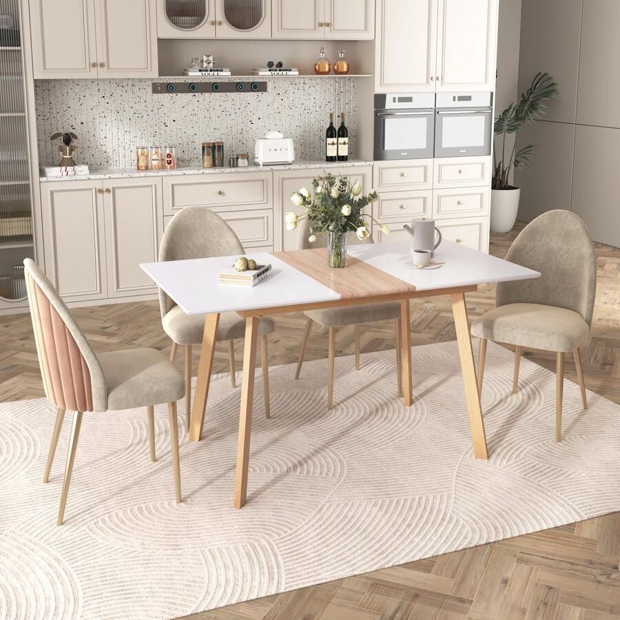 Gutent Eettafel(Geen stoel) Uitschuifbaar Modern mat Wit tafelblad Massief houten inleg Stalen frame en vierkante buispoten 110 140x75x77 cm