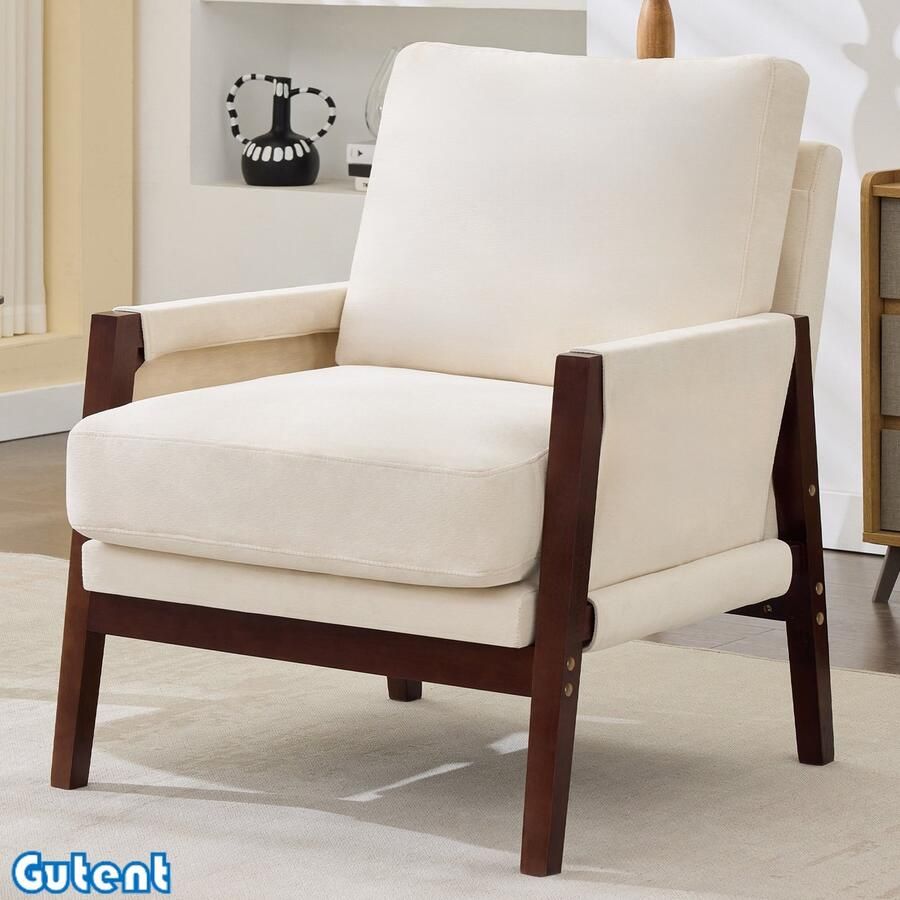 Gutent Enkele fauteuil Gestoffeerde fauteuil-leesstoel-Massief houten frame-Fenille stof Beige