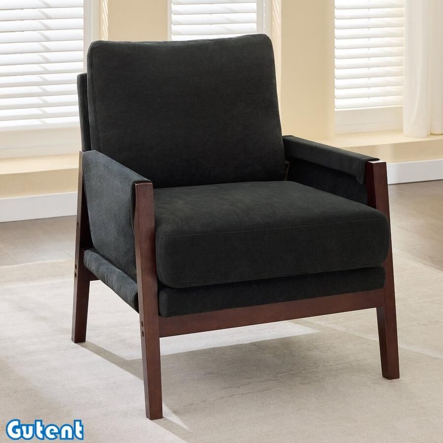 Gutent Enkele fauteuil Gestoffeerde fauteuil-leesstoel-Massief houten frame-Fenille stof Donkergrijs