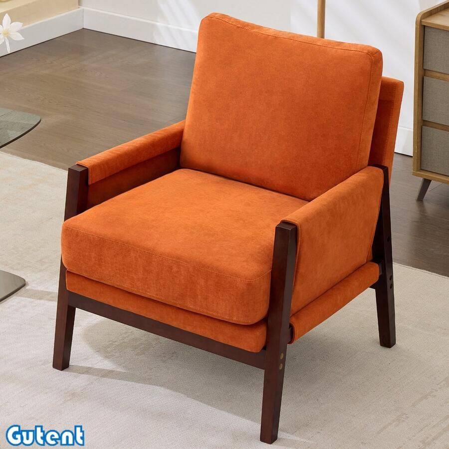 Gutent Enkele fauteuil Gestoffeerde fauteuil-leesstoel-Massief houten frame-Fenille stof Oranje (kleur)