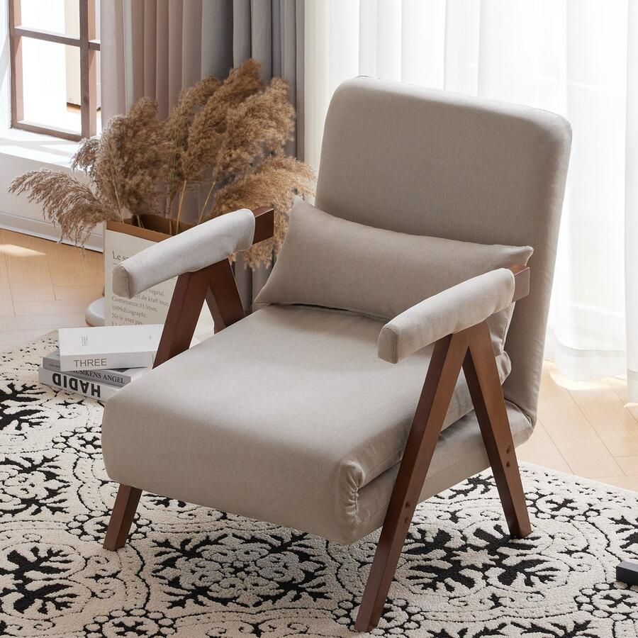 Gutent Fauteuil Beige 6-voudig Verstelbare Slaapbank Opvouwbare Fauteuil met kussens Gestoffeerde zitting loungestoel eenpersoonsbed loungestoel geschikt voor thuis en op kantoor