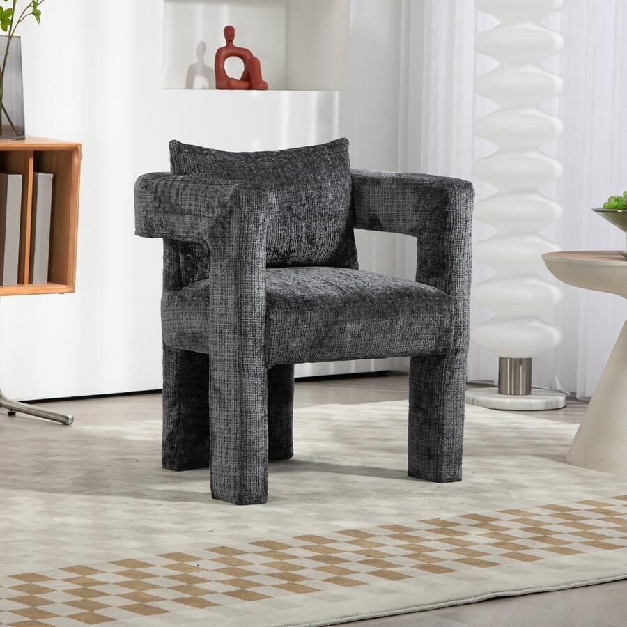 Gutent Fauteuil Donkergrijs Uniek ontwerp met holle armleuningen en Comfortabele kussens Moderne Chenille single lounge stoel eetkamerstoel geschikt voor woonkamer eetkamer slaapkamer en kantoor