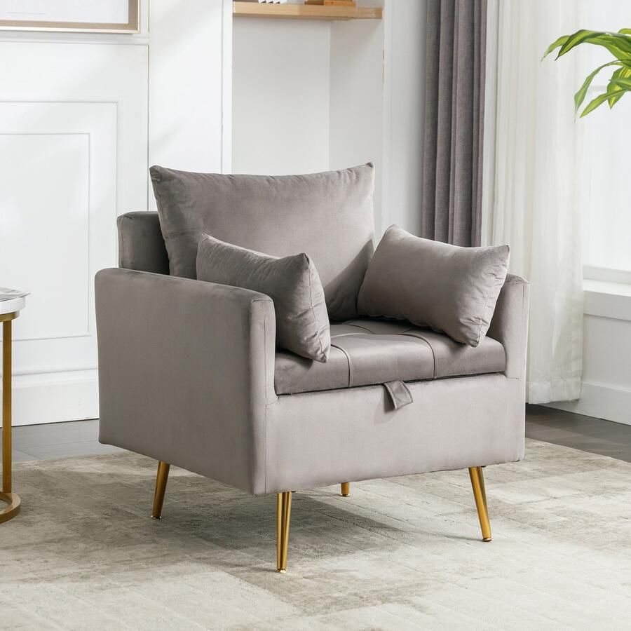 Sweiko Moderne minimalistische fluwelen stoelen fauteuils enkele sofastoelen met opbergruimte comfortabele kussens en gouden metalen poten