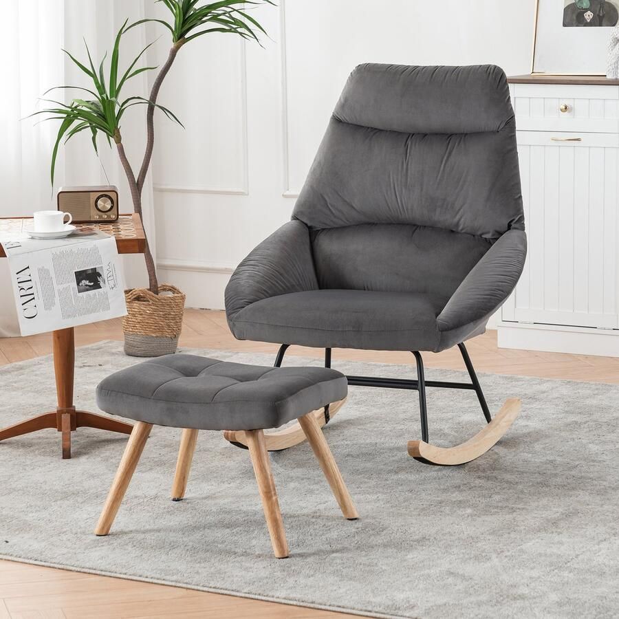 Gutent Fauteuil Grijs Schommelstoel Hoogte 97 cm Breedte zitting 48 cm inclusief hocker (48*37*37 cm) Stevig rubberhouten frame belastbaar tot 250 lbs schommelstoel met beugels loungestoel