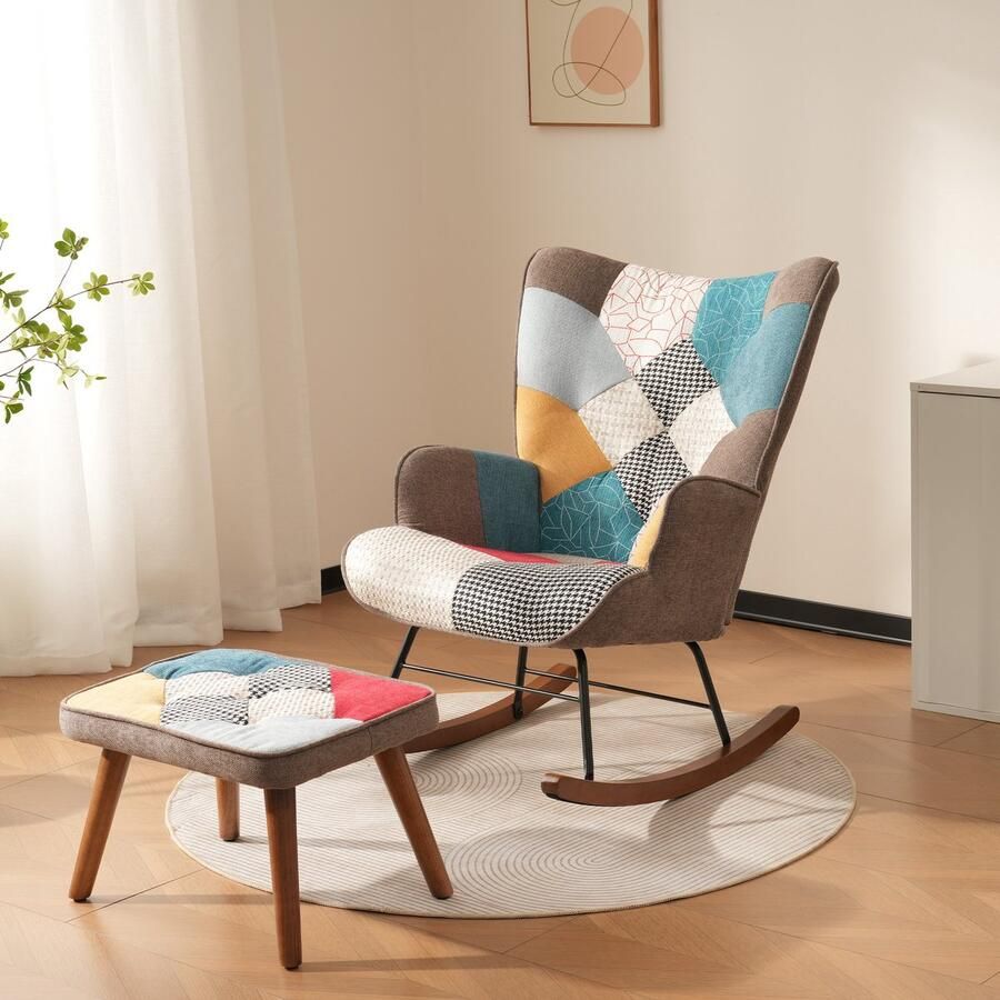 Gutent Fauteuil Kleurrijk voor- en Achterwaartse Schommelstoel met patchwork Loungestoel met voetensteun woonkamerstoel schommelstoel