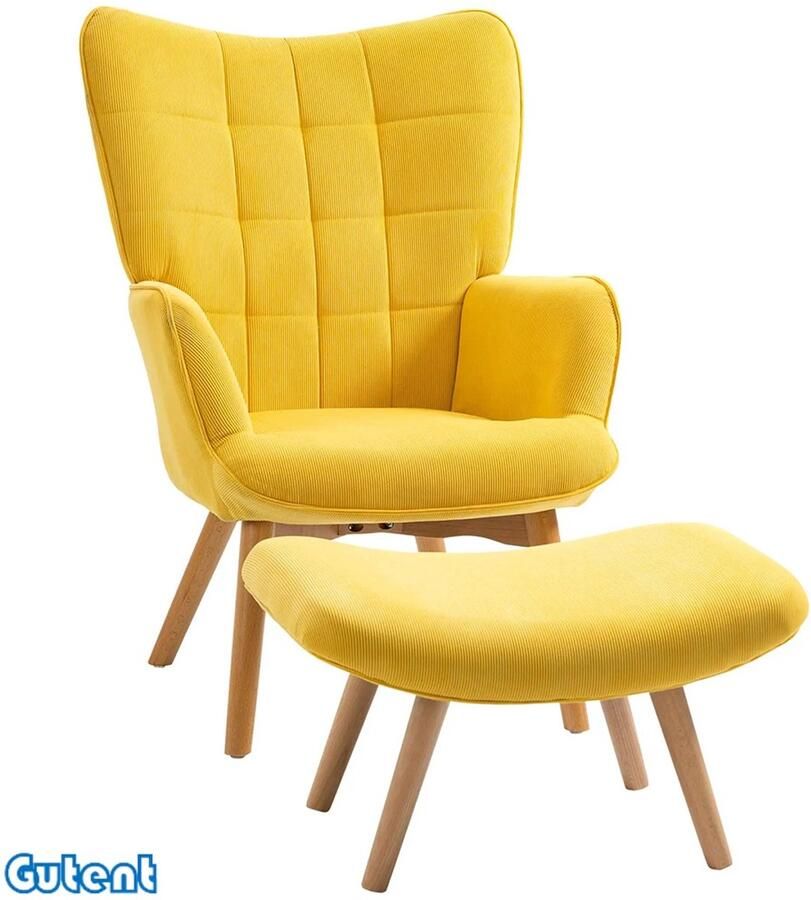Gutent Fauteuil met kruk Corduroy buitenkant Houten poot fauteuil Geel (kleur)
