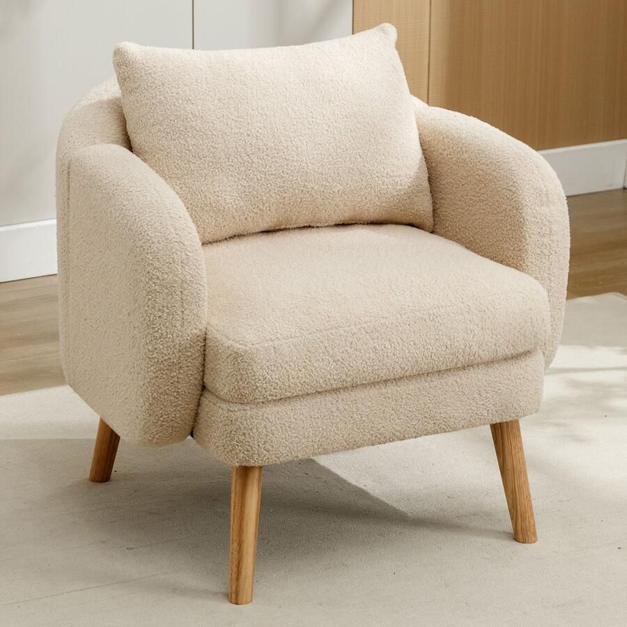Sweiko Moderne eenvoudige teddy fluwelen fauteuil met kussen extra dikke kussen fauteuil enkele sofa fauteuil gewatteerde fauteuil vrijetijdsstoel massief houten beenstoel