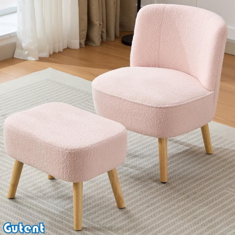 Gutent Fauteuil — met voetenbank — modern design — gestoffeerde zitting — teddy fluweel stof — massief houten poten — Roze