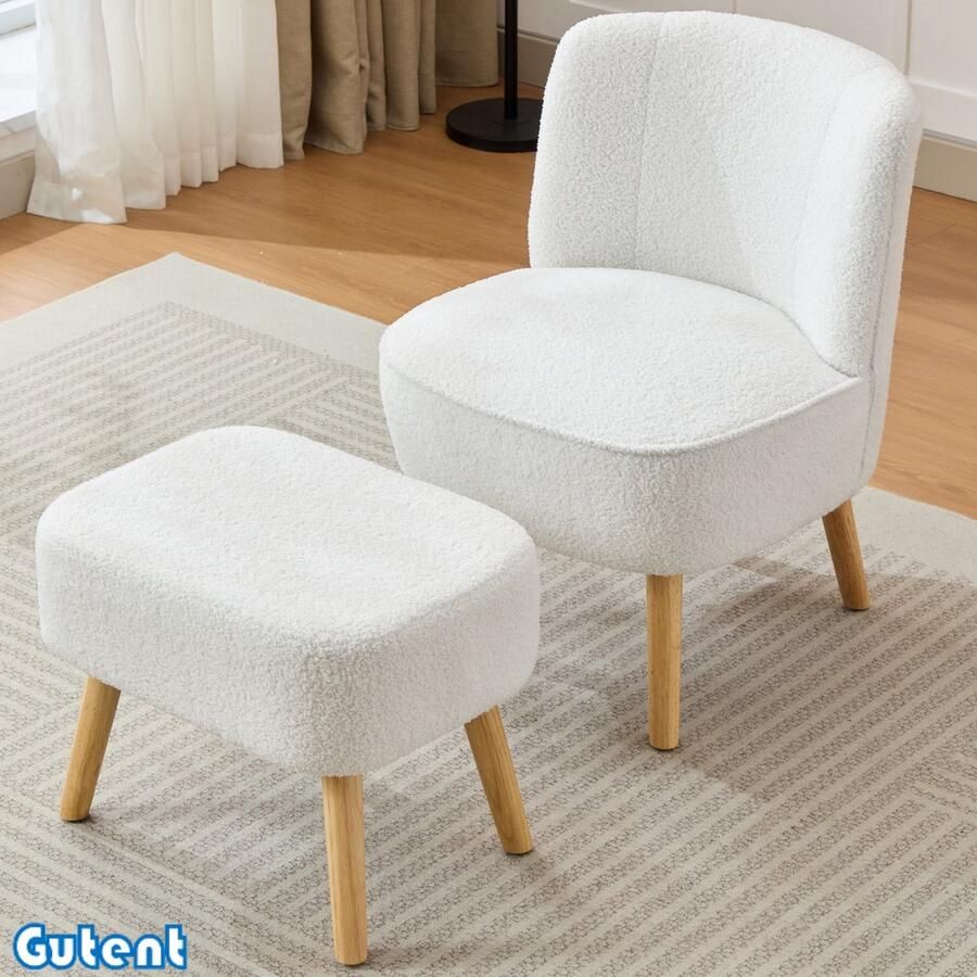 Gutent Fauteuil — met voetenbank — modern design — gestoffeerde zitting — teddy fluweel stof — massief houten poten — Wit