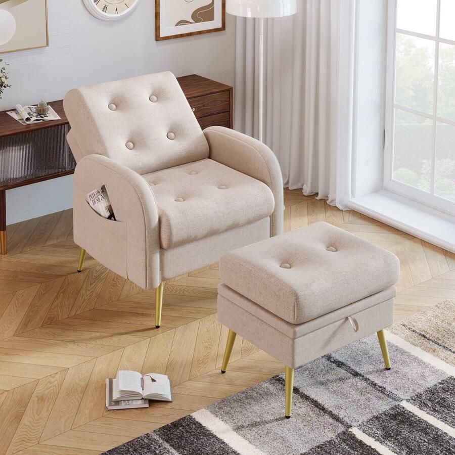 Gutent Fauteuil met voetenbank rugleuning verstelbaar in 3 standen Opbergbaar Beige