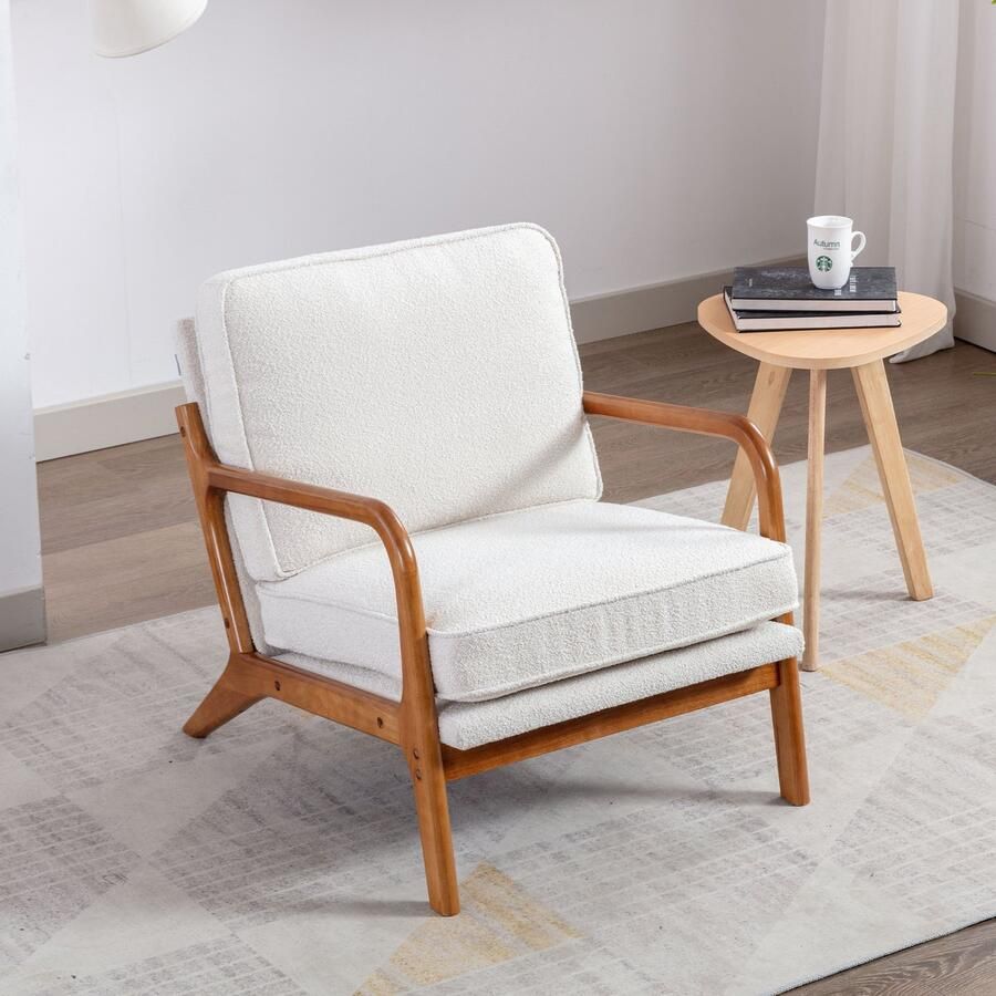 Sweiko Massief Houten Frame Fauteuil Moderne stijl stoel Woonkamer lounge stoel Beige kleur houten benen geschikt voor verschillende scenario's
