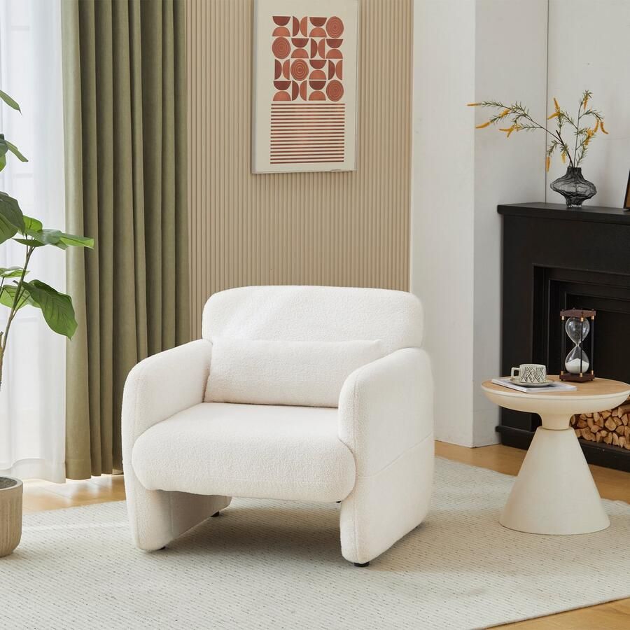 Gutent Fauteuil Wit Teddy Fluwelen Sofa Stoel Gestoffeerde Stoel Enkele Sofa Stoel