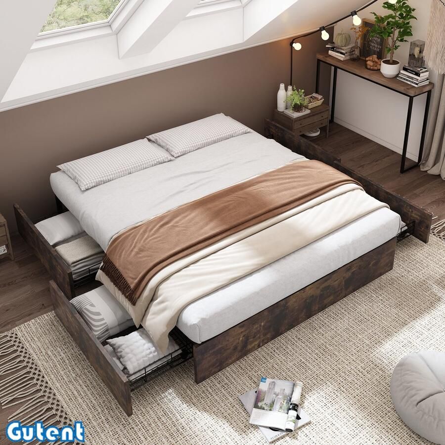 Gutent Flatbed metalen bed 140 x 200 cm Geen matras Vier laden Geen hoofdeinde Donkerbruin