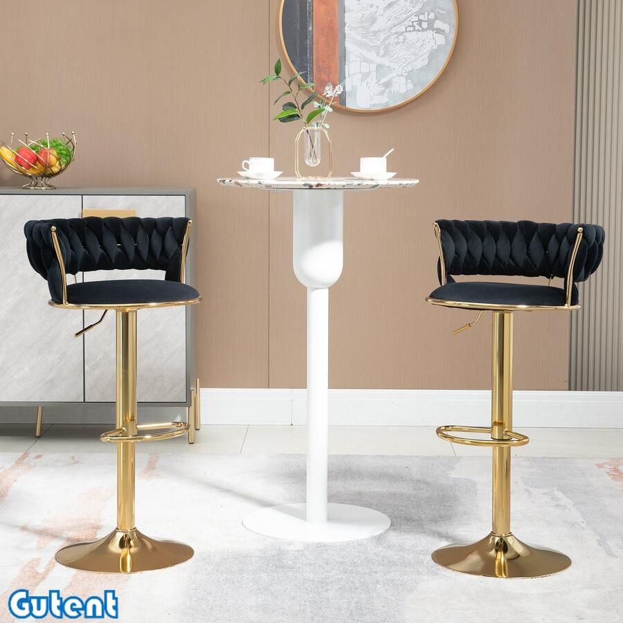 Gutent Fluwelen Barkruk 360° Draaibaar In hoogte verstelbaar Zwart-2 stuks