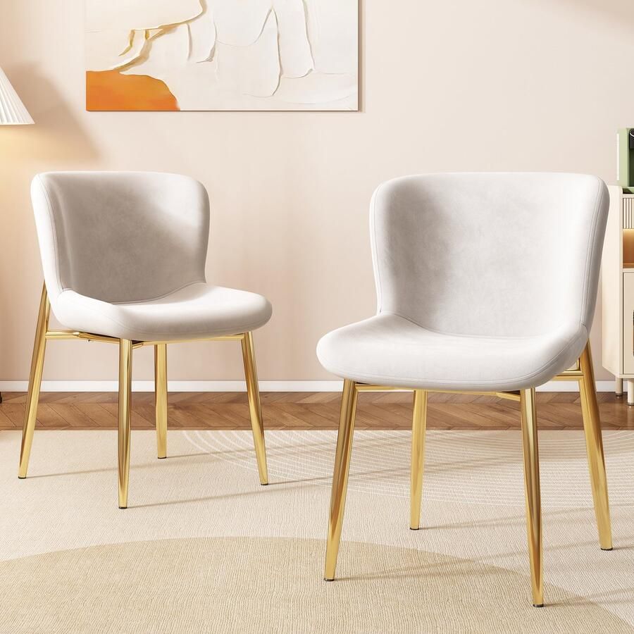 Gutent Fluwelen Eetkamerstoel Beige set van 2 met vier metalen poten Enkele luxe woonkamer- en slaapkamerfauteuil