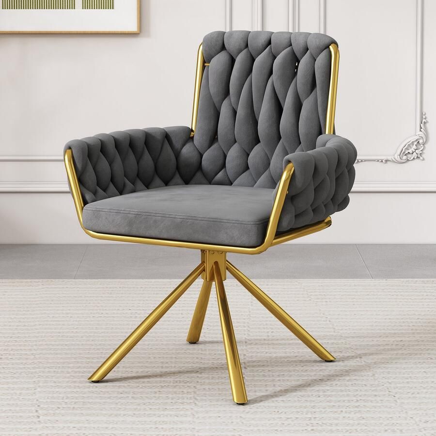 Gutent Fluwelen Eetkamerstoel Grijs Fauteuil Enkele luxe woonkamer en slaapkamer draaistoel casual draaistoel met vier metalen steunpoten