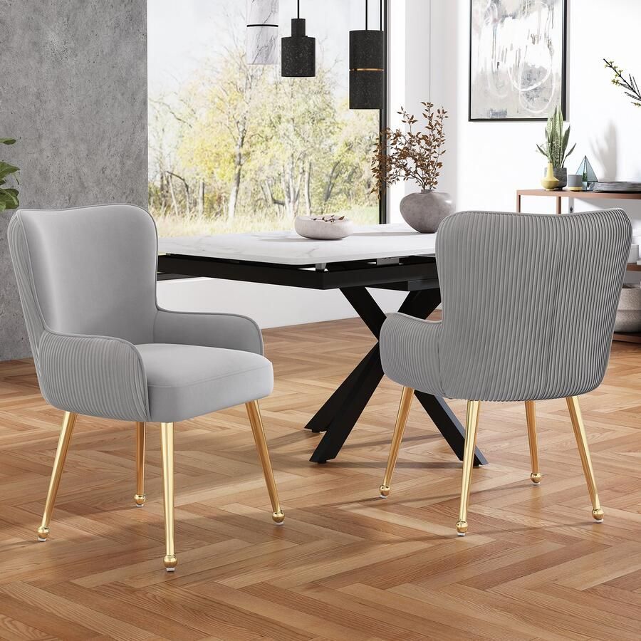 Gutent Fluwelen Eetkamerstoel Grijs set van 2 met vier Goud (kleur) metalen steunpoten met armleuningen en verstelbare poten lendensteun luxe woonkamer slaapkamer lounge stoel