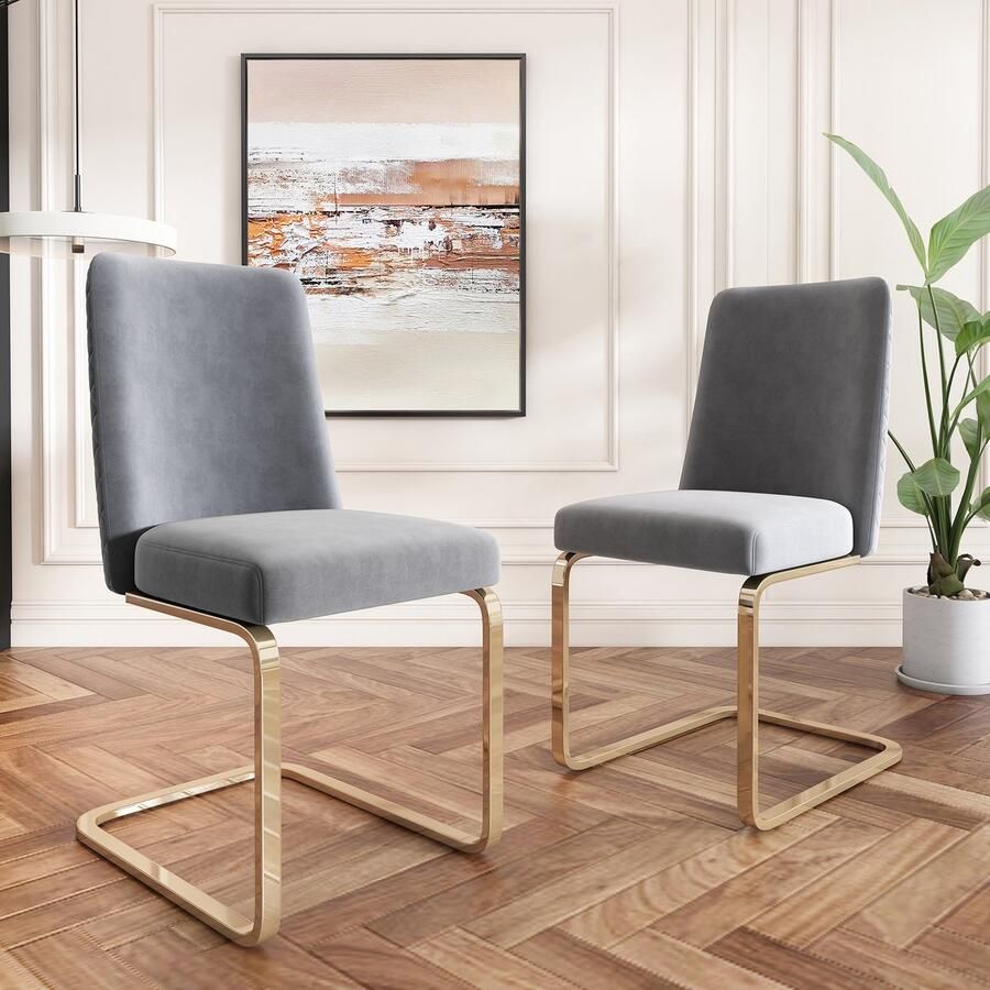 Gutent Fluwelen Eetkamerstoel Grijs set van 2 Ontwerp met Ruitvormige rugleuning met gouden metalen steunpoten loungestoel