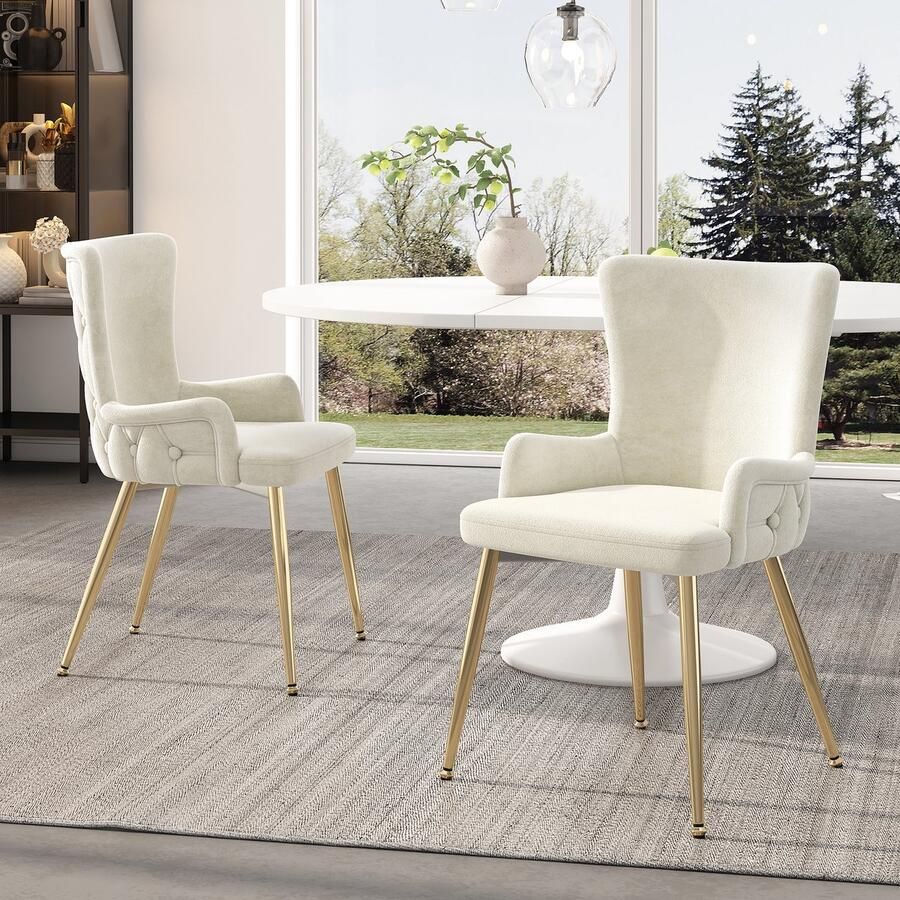 Gutent Fluwelen Eetkamerstoelen Beige (Zonder tafel) set van 2 luxe woonkamer slaapkamer loungestoelen met vier goudkleurige metalen steunpoten