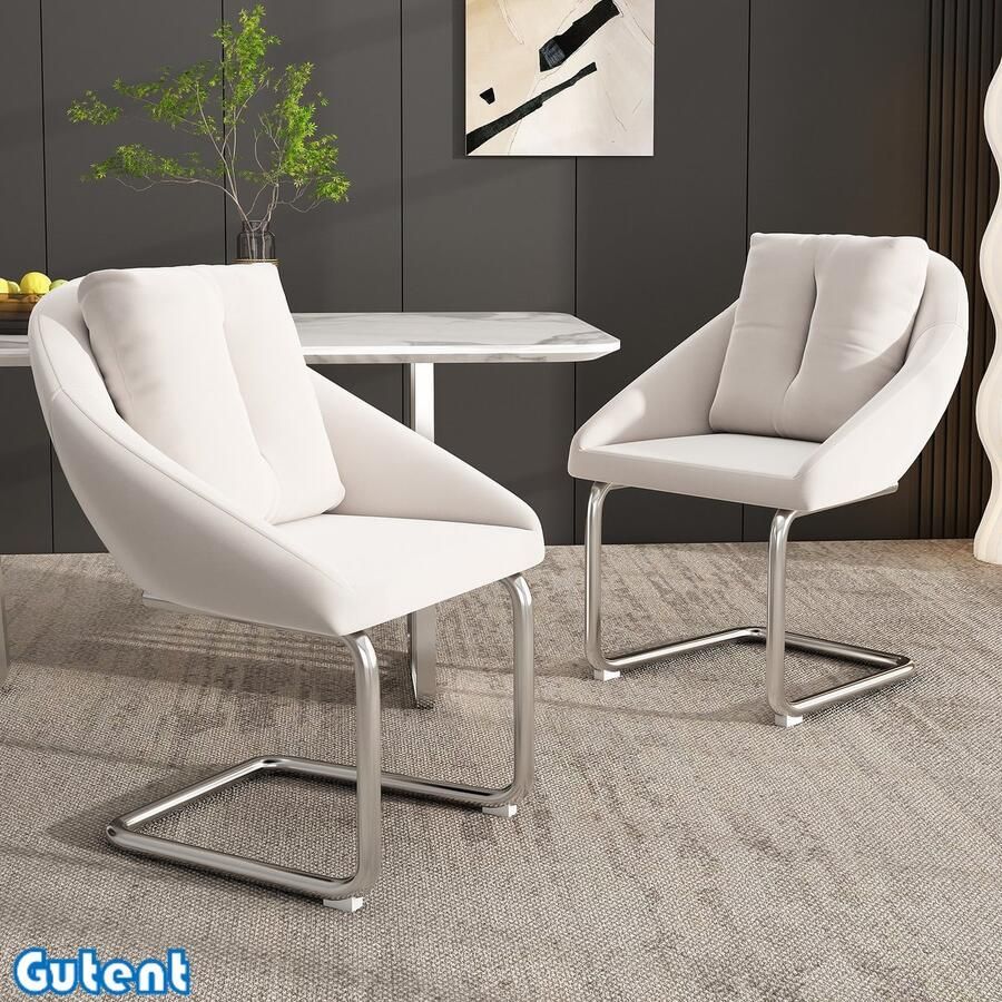 Gutent Fluwelen Eetkamerstoelen Set van 2 Bekleed Vrijetijdsdraaistoel Gebogen Ondersteunende Voeten Beige