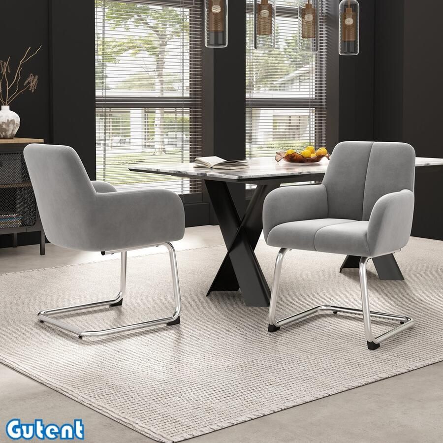 Gutent Fluwelen Eetkamerstoelen set van 2 met gebogen stalen poten Grijs