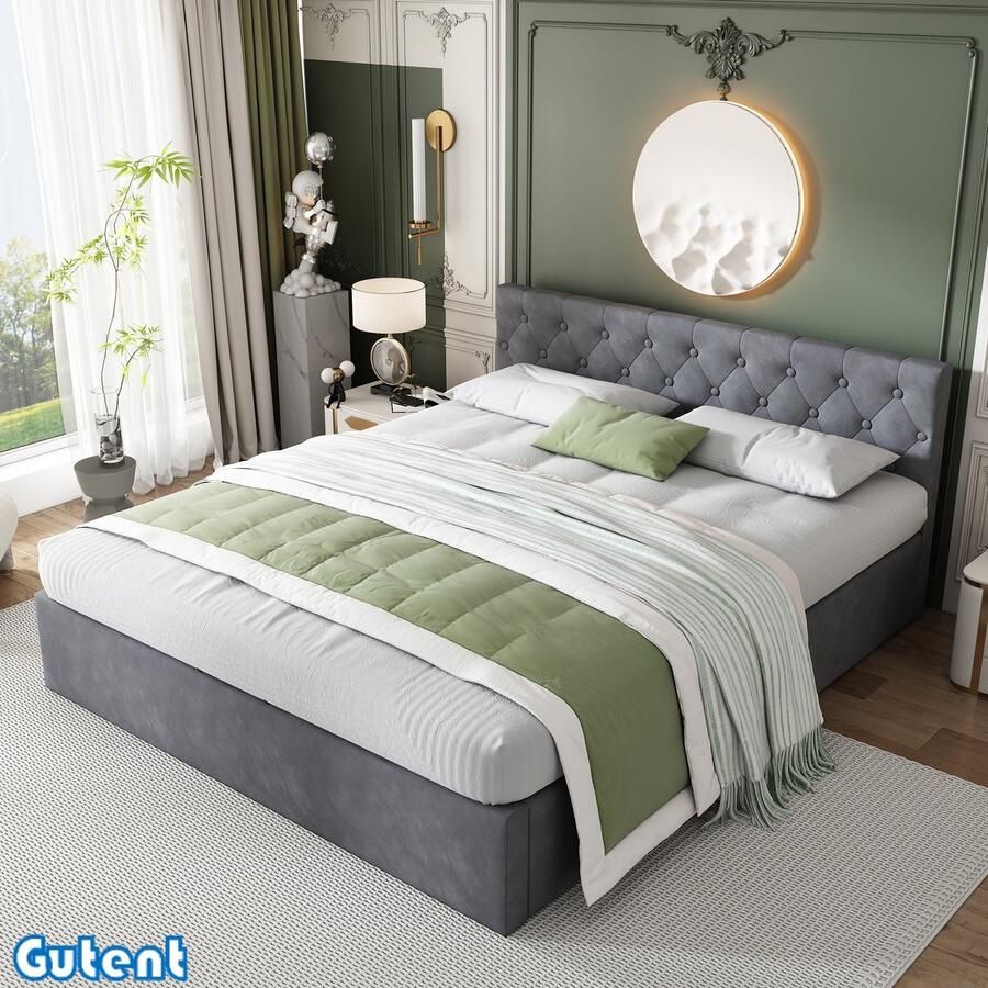 Gutent Fluwelen Gestoffeerd Bed-140*200 cm-Knoop Hoofdbord-Dubbel Bed-Opbergruimte-Hydraulisch Bed-Grijs-Geen Matras
