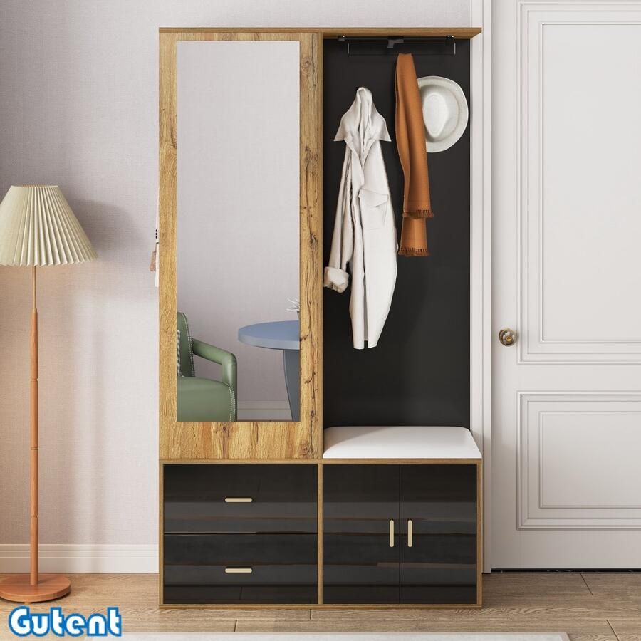 Gutent Garderobeset Zwart en onbewerkt hout compleet met spiegel schoenenkast schoenenbank uittrekbare kapstokken