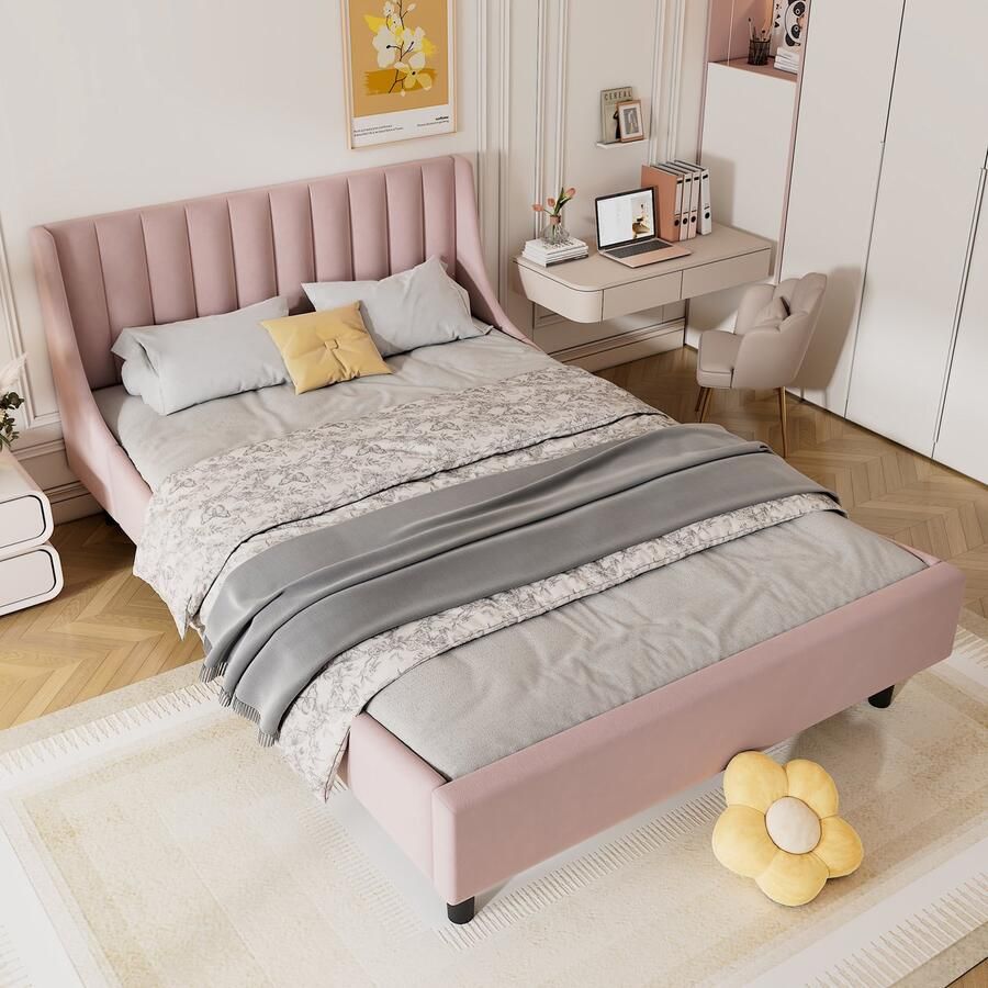 Gutent Gestoffeerd bed 140 x 200 cm met lattenbodem (zonder matras)- Fluweel minimalistisch Roze