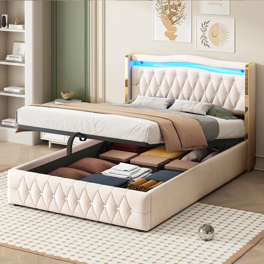 Gutent Gestoffeerd bed 140*200 cm met heldere strepen met van kleur veranderende LED's met hydraulische opbergruimte met diamantrand Tweepersoonsbed (zonder matras) Fluwelen stof Beige