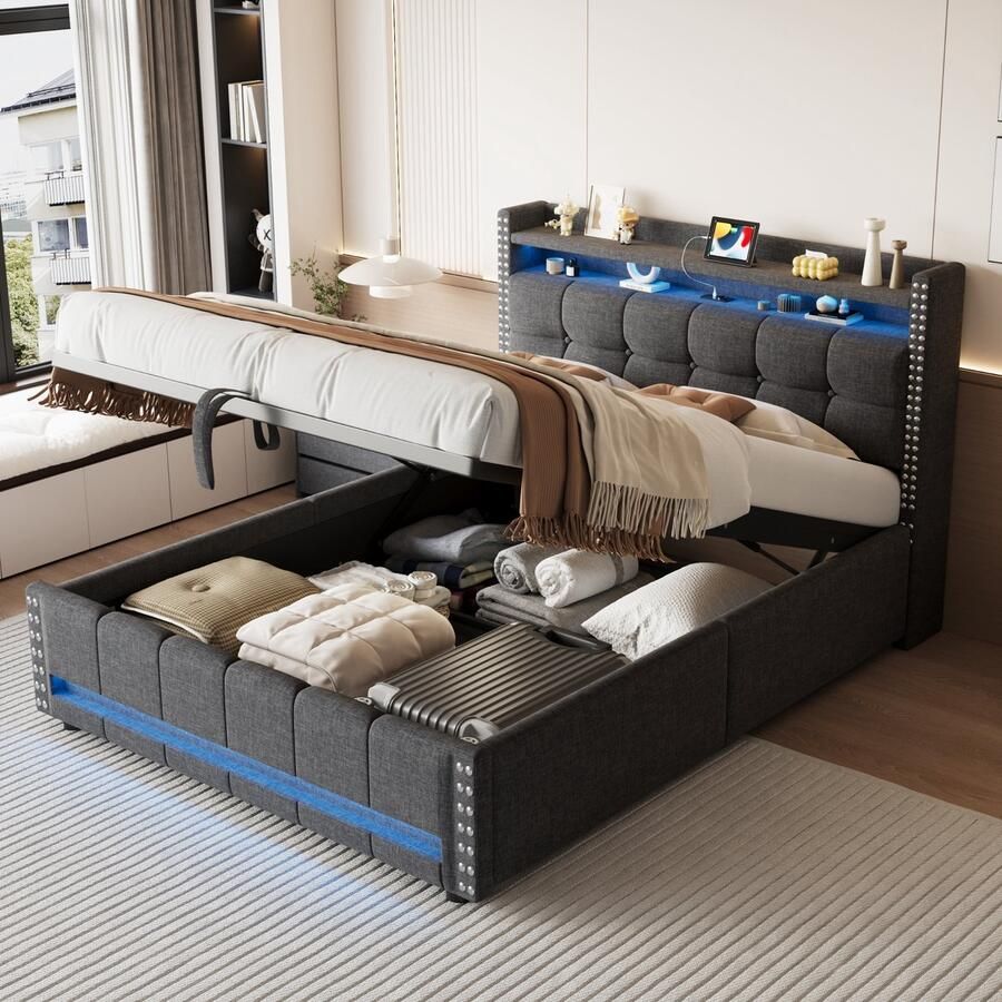 Gutent Gestoffeerd bed 140*200 cm met LED-verlichting en USB-aansluiting met opbergruimte Grijs linnen stof (zonder matras)