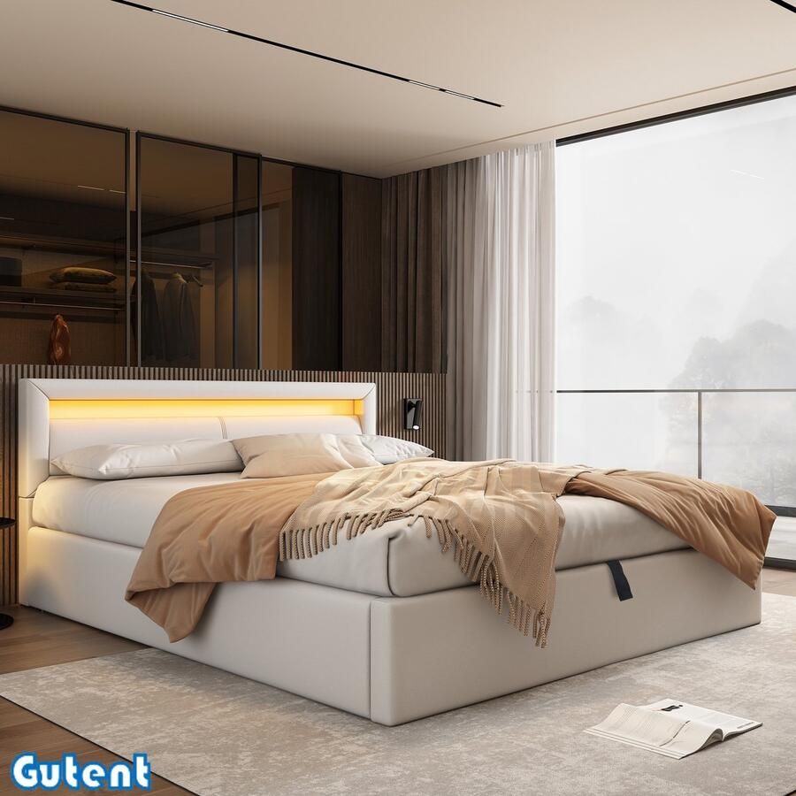 Gutent Gestoffeerd bed 140*200 cm met opbergruimte met verlichting Wit kunstleer Zonder matras