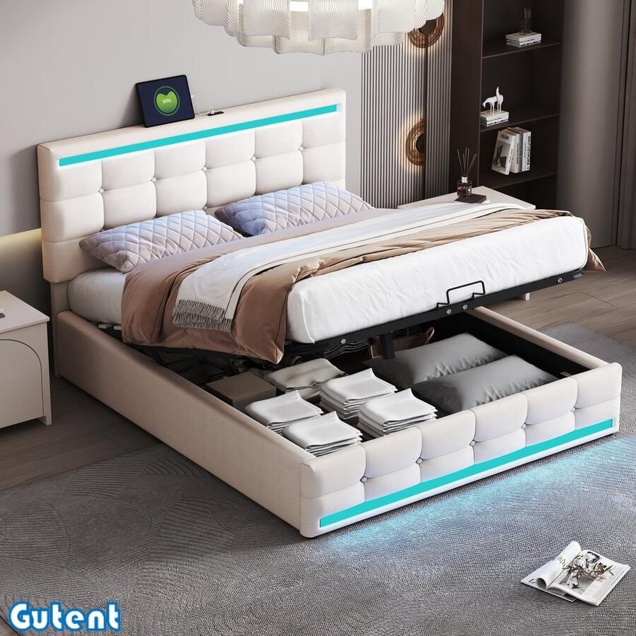 Gutent Gestoffeerd bed 140*200cm LED-verlichting Opbergruimte 2 x USB-laadstation In hoogte verstelbaar hoofdeinde Linnen afwerking Beige Zonder matras